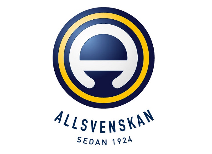 Allsvenskans logga. Det är en blå och gul cirkel. I mitten är det en rund blobb som är avskuren på hälften.